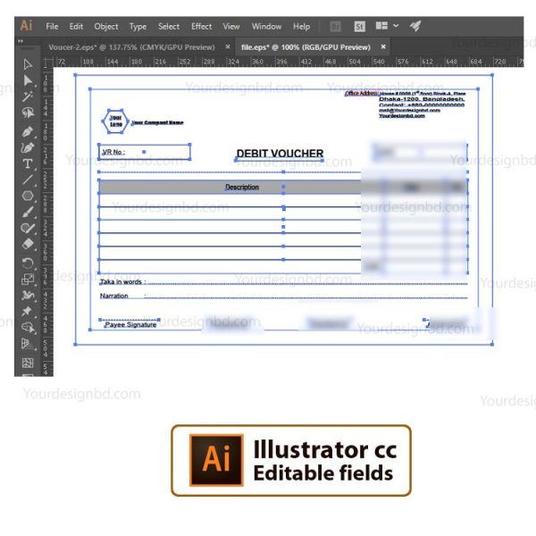 Debit voucher sample in template- Editable Microsoft word- docx, Adobe illustrator .eps