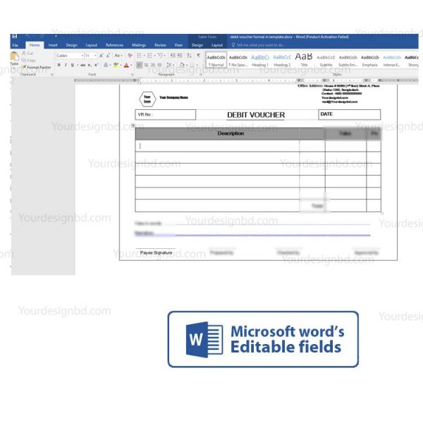 Debit voucher format in template- Editable Microsoft word- docx, Adobe illustrator .eps