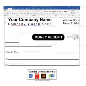 Money Receipt format sample- Editable Microsoft word- docx, Adobe illustrator .eps