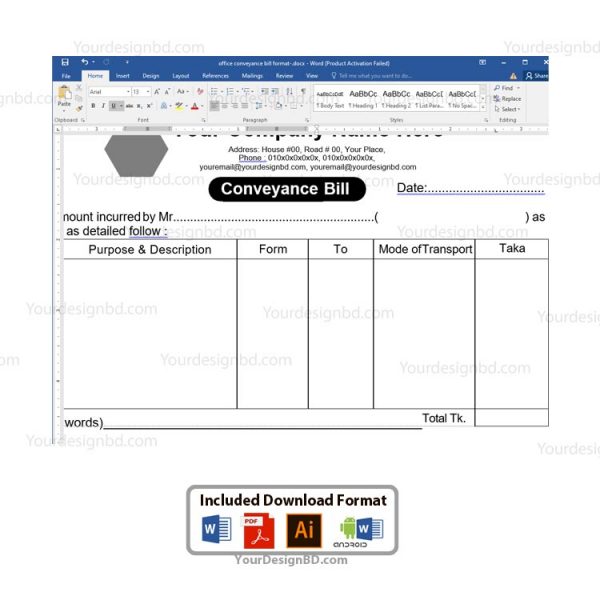 Office conveyance bill format 2 - Editable Microsoft word- docx, Adobe illustrator .eps