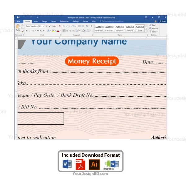 Money Cash receipt format- 3 -Editable Microsoft word- docx, Adobe illustrator .eps