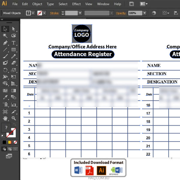 Attendance Register -Garment buying office stationery design: editable table in illustrator