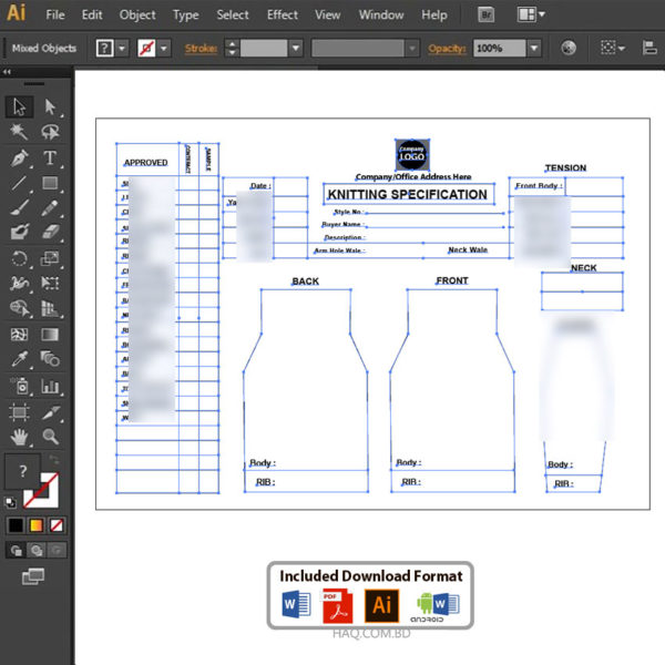 Knitting specification Format vector layout -Editable in MS word PDF adobe illustrator