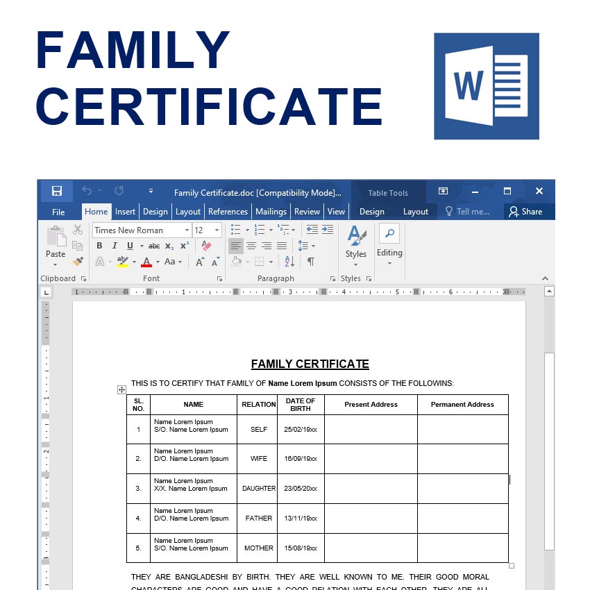Family Certificate Sample in Bangladesh In Word Format পারিবারিক সনদ